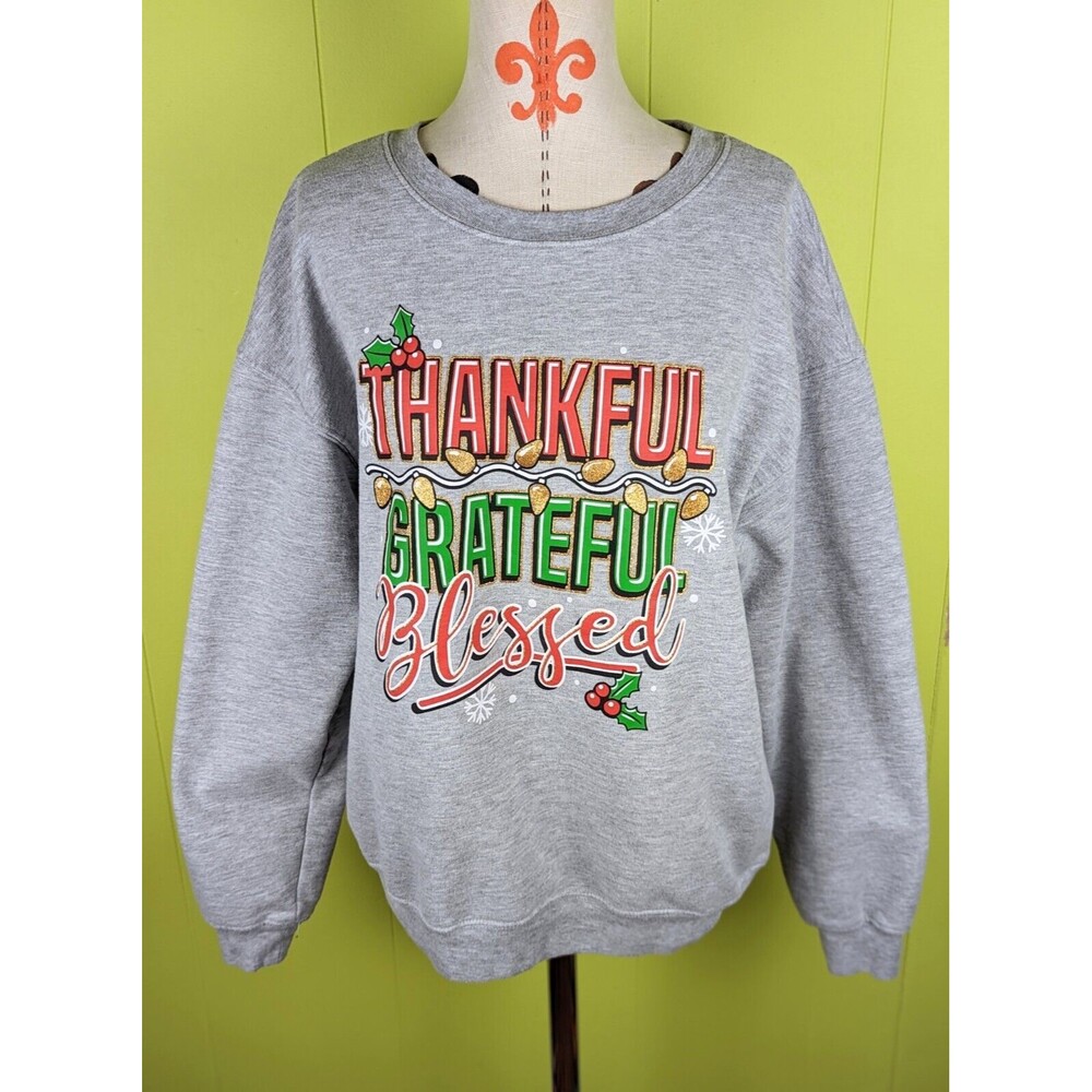 Wound Up Womens XL 15/17 Gray Sweatshirt Thankful Grateful Blessed Christmas EUC